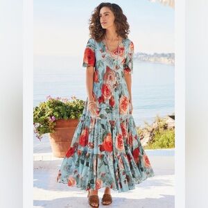 Soft Surroundings Women’s First Bloom Blue Floral V~Neck Tiered Maxi Dress Sz PS